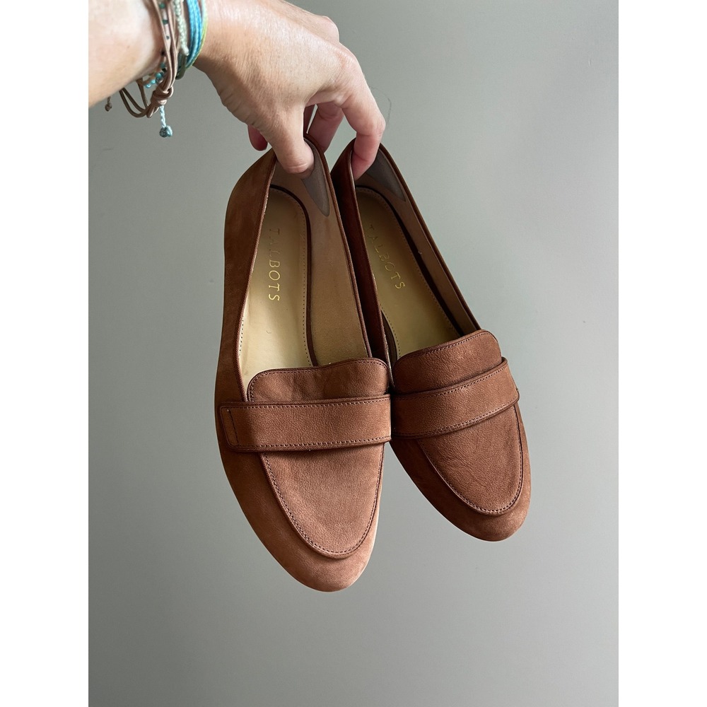 Talbots Brown Suede Penny Loafers 7.5 Almond Toe Flat Office Chic Minimalist